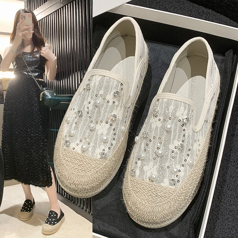 

Мокасины женские кружевные с бабочкой, сетчатые туфли с кристаллами, роскошные лоферы с жемчугом, прогулочная обувь, Модные балетки на плоской подошве, лето 2023