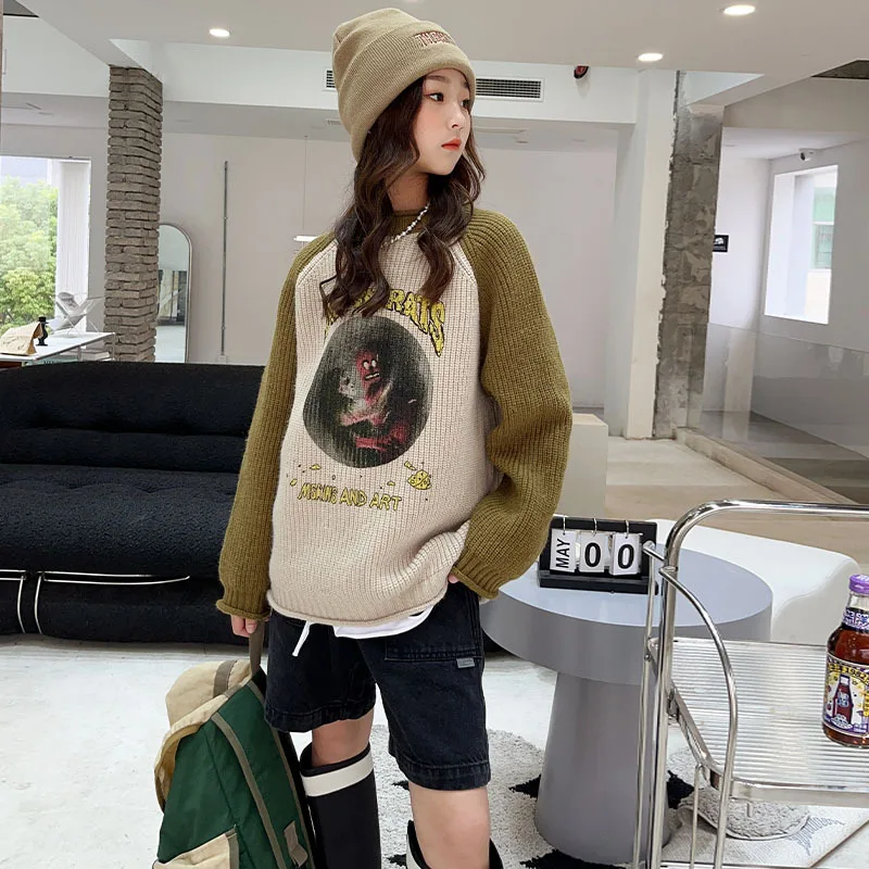 

Свитер для девочек, новинка осень-зима 2022, Детский свитер с круглым вырезом, Модная вязаная одежда с утепленным мультяшным принтом