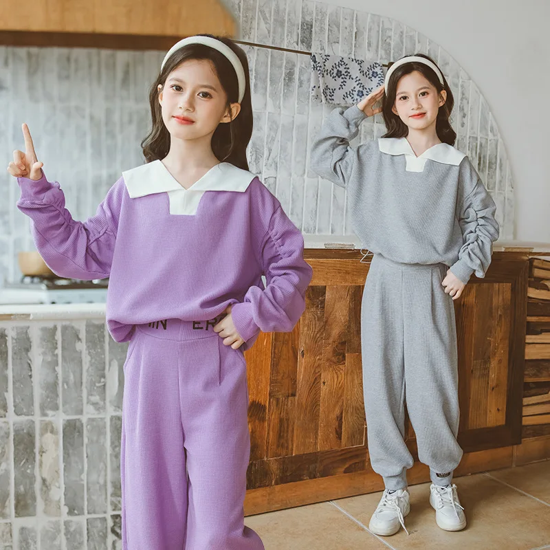 

2022 Autumn Sport Sets for Teenage Girls Korean Children Turn-down Collar Sweatshrits and Loose Pants Solid Color Outfits Suits