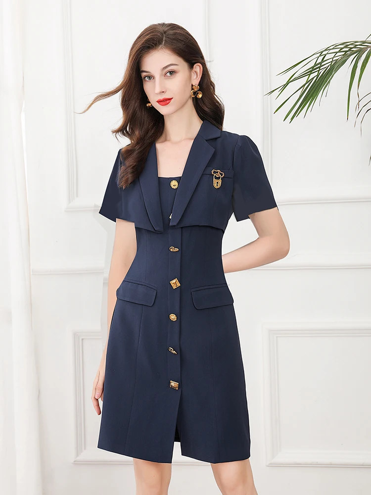 

Svoryxiu Fashion Designer Summer Mini A-LINE Dress women Solid Turn-down Collar Short Sleeve Metal Button Office Lady Dress