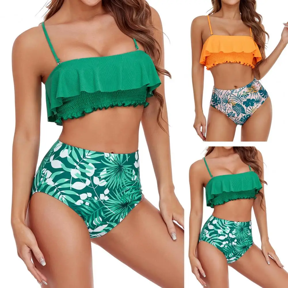 

Сексуальный комплект бикини, плиссированное бандо с принтом листьев, женский купальник с высокой талией для отпуска