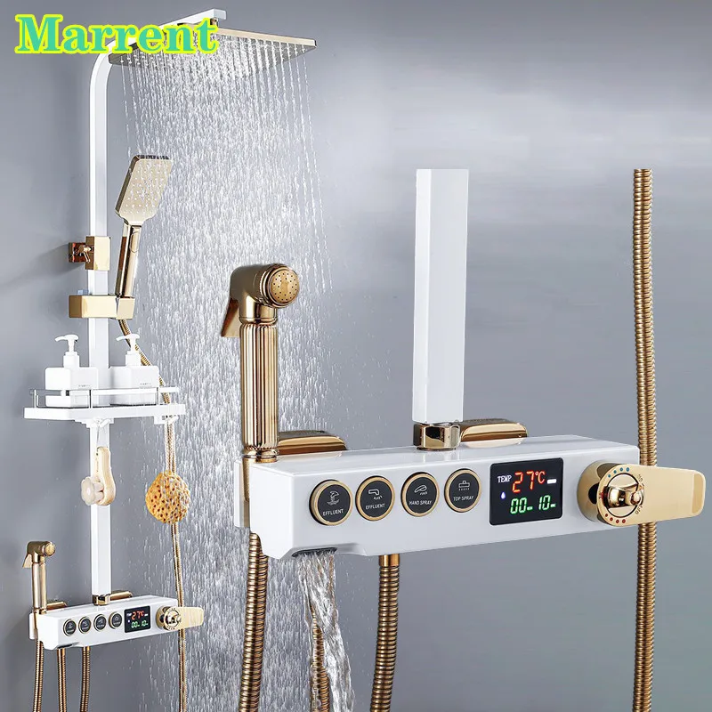 

Термостатическая Душевая система для ванной комнаты, качественный латунный Смеситель для ванны, кран с дождевой насадкой, светодиодный дис...