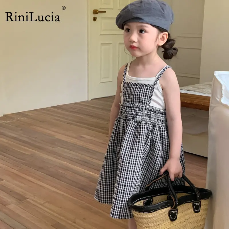

2023 Summer Sweet Baby Girl Clothes Solid Vest + Plaid Suspender Dress 2pcs Children Sets Baby Girls Clothing Set