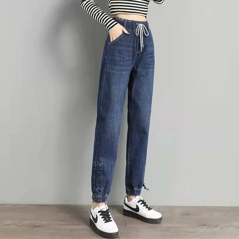 Женские свободные джинсы-Джоггеры со шнурком длиной до щиколотки, однотонные уличные брюки из денима с царапинами, универсальные эластичные джинсовые брюки