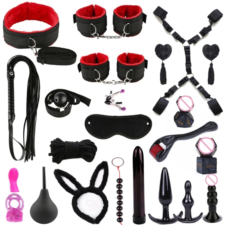 

50LF 24 Pcs BDSM Bondage Gear & Accessories Trainer-kit Wrist Ankle Cuff Handcuffs Butt Plug Flogger Whip Flirt Adults Toys for
