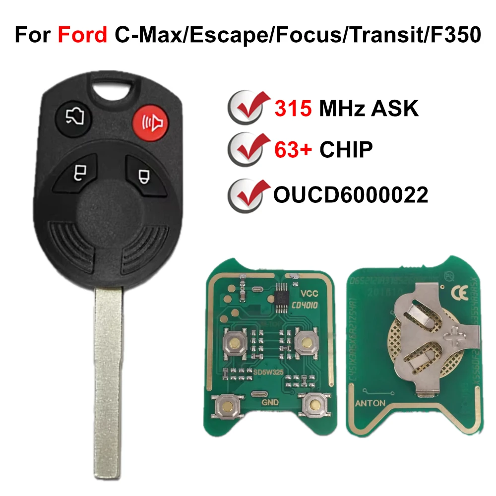 

4-кнопочная НАКЛАДКА 6000022 4D63 80 бит чип лазерное лезвие 315 МГц дистанционный ключ для Ford C-Max/Escape/Focus 2013 2017 2018 2019