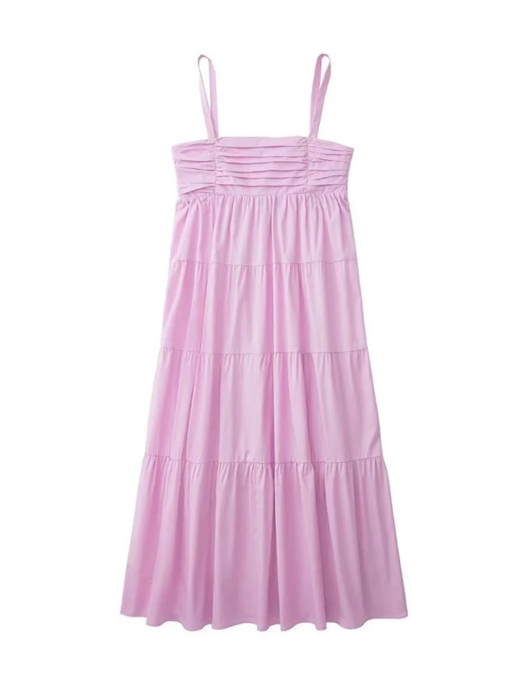 

2022 Summer Women Fashion Pink Layered Panel Poplin Slip Dress Versatile Sleeveless Square Collar Female Long Dress