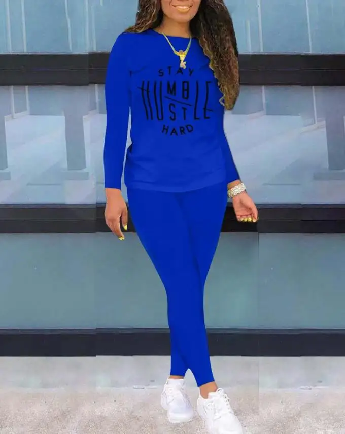 Women's Clothing New Letter Print Long Sleeve Casual Top & Pants Set Tracksuit Women Two Piece Set