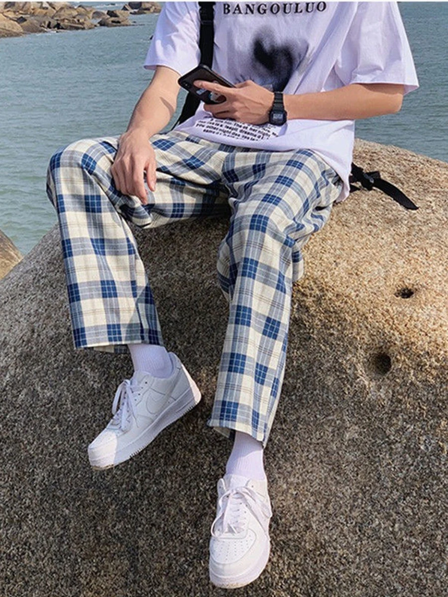 Черные японские брюки летние женские в стиле Харадзюку клетчатые брюки-султанки