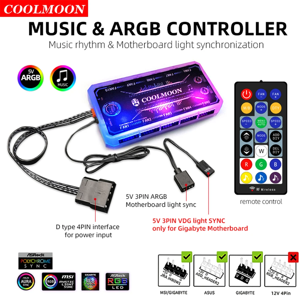

Coolmoon Smart Music 5V 3Pin ARGB Remote Controller HUB for Coolmoon 6Pin Chassis Cooling Fans 4Pin Light Strip Heat Dissipation