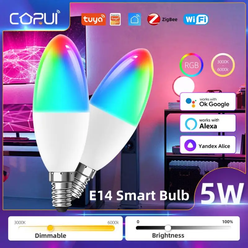 

Умная лампочка Tuya Zigbee, светодиодсветильник освещение E14 RGB, 5 Вт, голосовое управление, поддержка Alexa Google Home