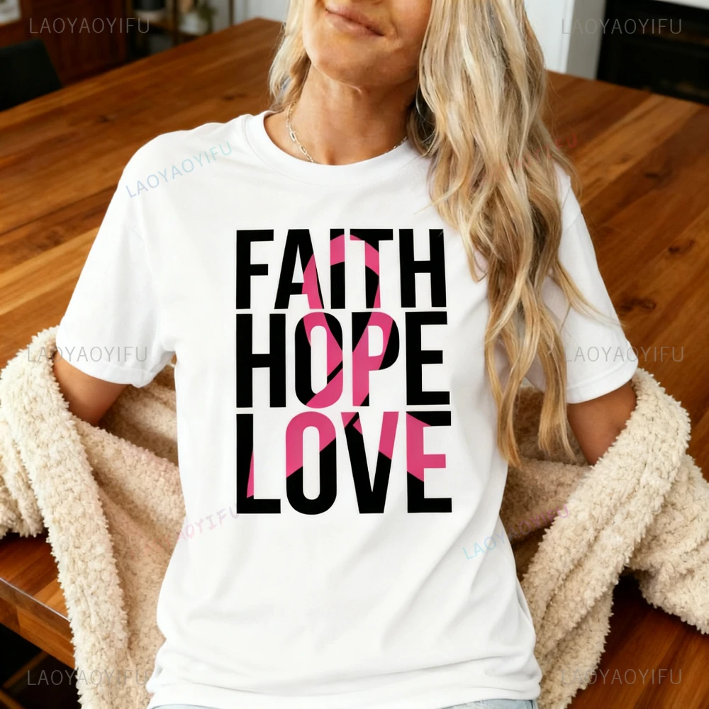 Фото Рубашка с розовой лентой Faith Hope Love Футболка с истребителем рака молочной железы Женская футболка Повседневная жизнь Повседневные хлопковые футболки №2