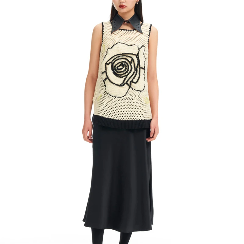 

2022 Summer New Crochet Hollow Knit Vest Women's High Quality Retro Loose Sleeveless Rose Embroidery Mesh See-ThroughCasual Tops