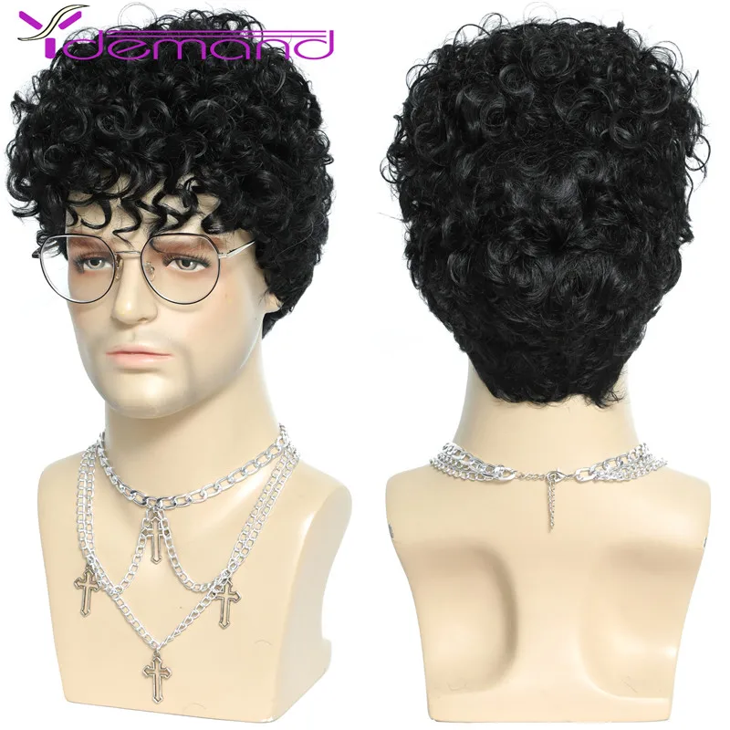 Y Demand Male Short Wigs Pixie Cut Hair Kinky Curly Brown Natural Synthetic Cosplay Hair Wig for Men Beauty