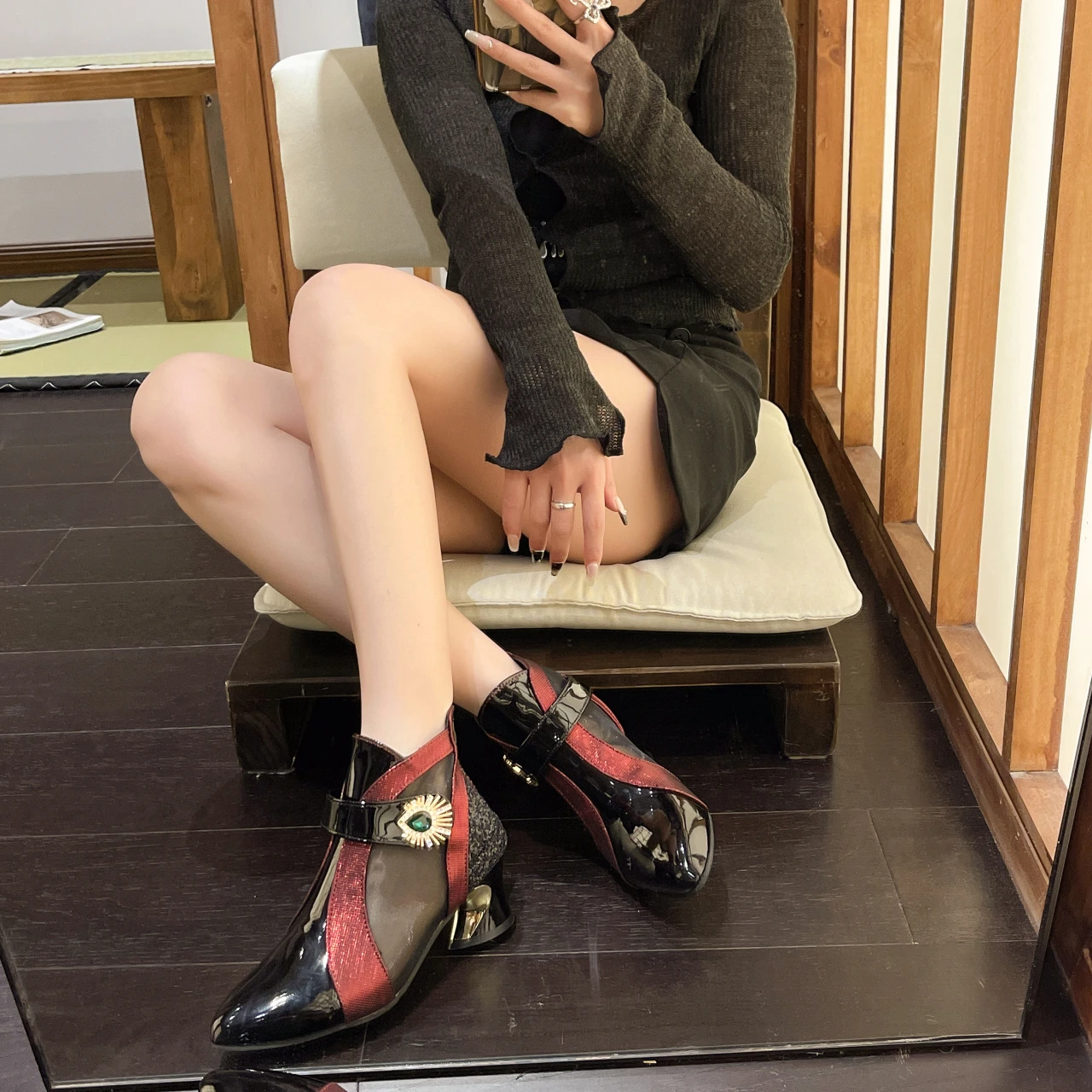 

Plus size leather boots 43 medium heel pointed ankle boots Mesh cool boots single shoes platform boots black boots heels