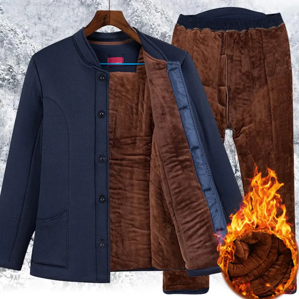 1 Set Trendy Skin-touch Plush Lining Loose Middle Aged Jacket Pants for Daily Wear Elderly Jacket Pants Elderly Outfit