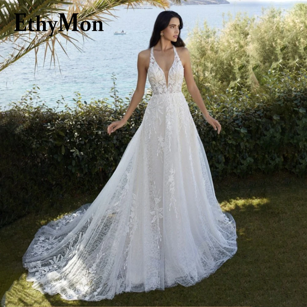 

Ethymon Halter Wedding Dresses For Mariages 2023 Sleeveless A-LINE Sweep Train Button Appliques Vestidos De Novia Personalised