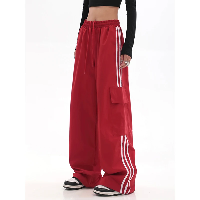 

Красные спортивные брюки Y2k, повседневные мешковатые Широкие штаны, весна 2023, уличная одежда с высокой талией, брюки-карго, женские Беговые штаны в стиле хиппи, одежда