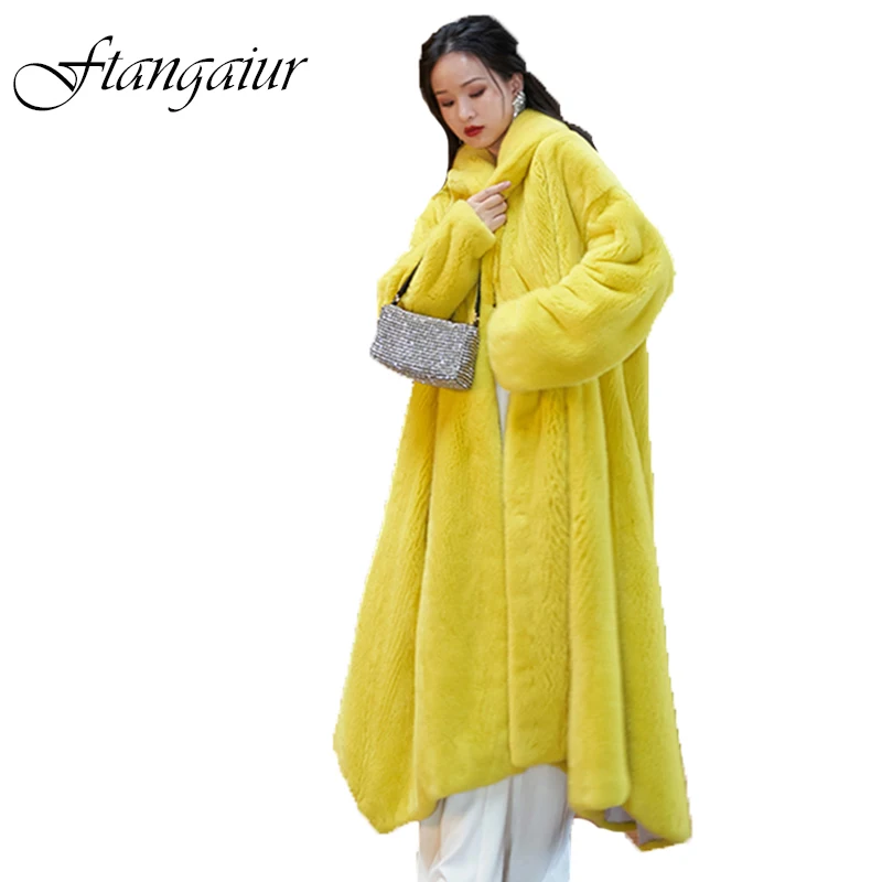 

Ftangaiur Winter Women Import Velvet Mink Fur Coat Turn-Down Collar Pure Color Mink Coats Women's X-Long Real Mink Fur Coats