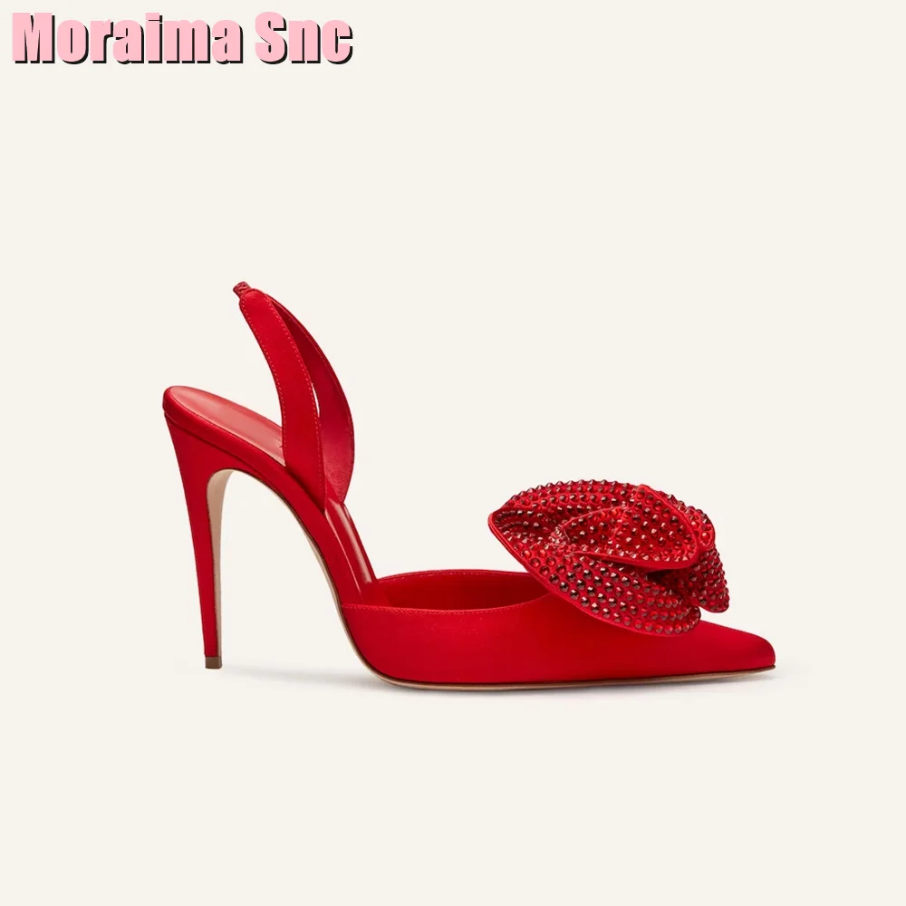 Crystal Flower Pointed Toe Shallow Sandals Stiletto High Heel Back Strap Slip On Black Solid Sexy Women Wedding Shoes Summer New