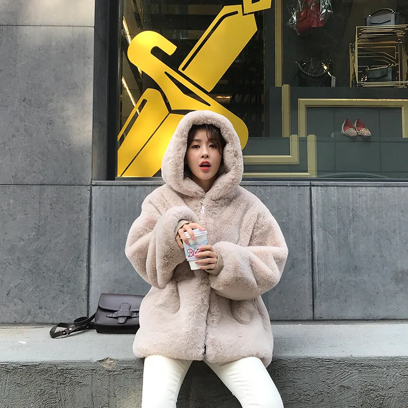 2022 Autumn  Winter Korean Fashion of Faux Fur Coat Women Loose Thick Rabbit Fur Plush Long Coat Hooded Y2k Cute Girl Clothes