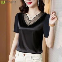 2022 new womens elastic satin inside and outside lace splicing short sleeve womens loose foreign style t shirt