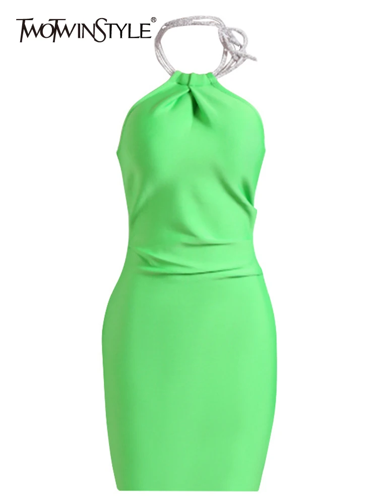 

TWOTWINSTYLE Solid Backless Bodycon For Women Halter Collar Sleeveless Cold Shoulder High Waist Slimming Dresses Female Fashion