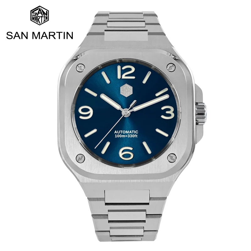 

San Martin Men Watch 40mm Classic Luxury Sport Watches Distinctive Square Case Stainless Steel Automatic Mechanical 10 Bar BGW-9