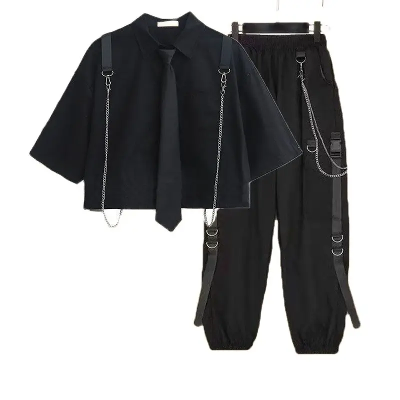 

2023 весенние уличные брюки-карго с цепочкой + футболка с цепочкой и галстуком-бабочкой, красивый крутой костюм из двух предметов, брюки-карго в стиле Харадзюку