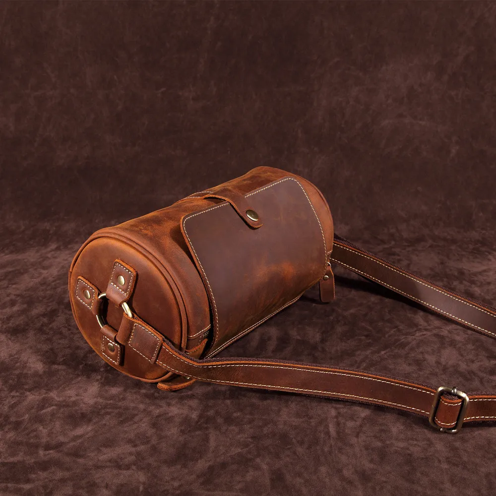 Retro Men's Bag Shoulder Messenger Leather Cylindrical Shoulder Bag  Small Casual Fashion  Soft Leather Messenger Bag Mens