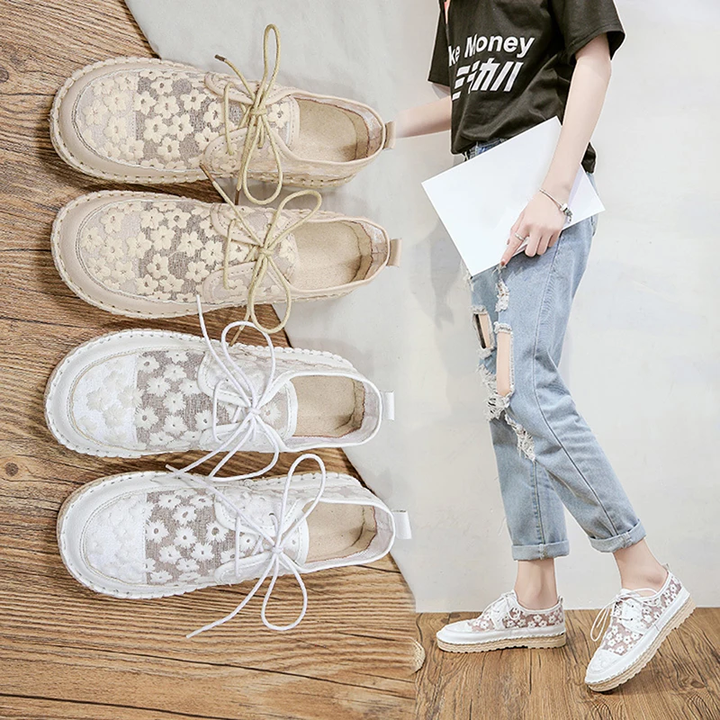 

2021 New Women's Breathable Mesh Summer Shoes Lace Walking Shallow New Solid Non Slip Casual Shoes