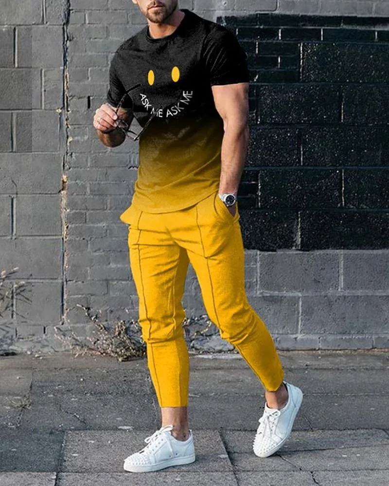 2023 Men Clothing Men's Suit Tracksuit 2 Piece Set Jogger Outfit 3D Printed Summer Funny Smiley Short Sleeve T Shirt+Long Pants