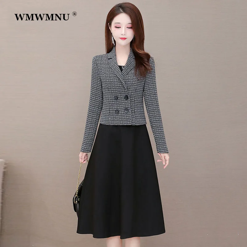 

Office Lady Elegant Dress Two Piece Set Women Spring Korean Slim Plaid Cropped Blazer And Black Knee Length a-Line Dress Suits