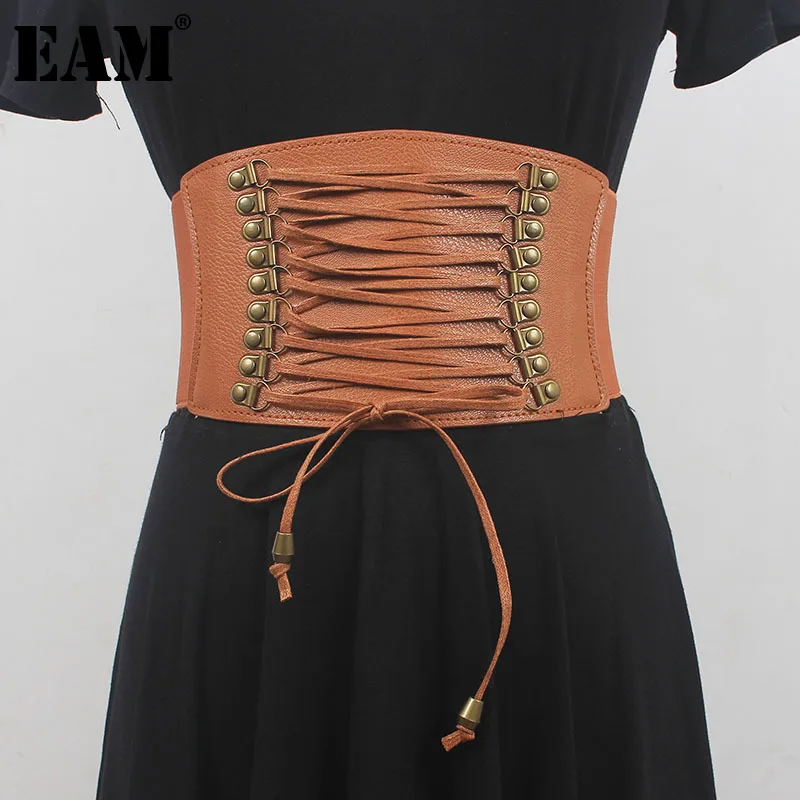 

[EAM] Pu Leather Camel Bandage Elastic Wide Belt Personality Women New Fashion Tide All-match Spring Autumn 2023 1DF7874