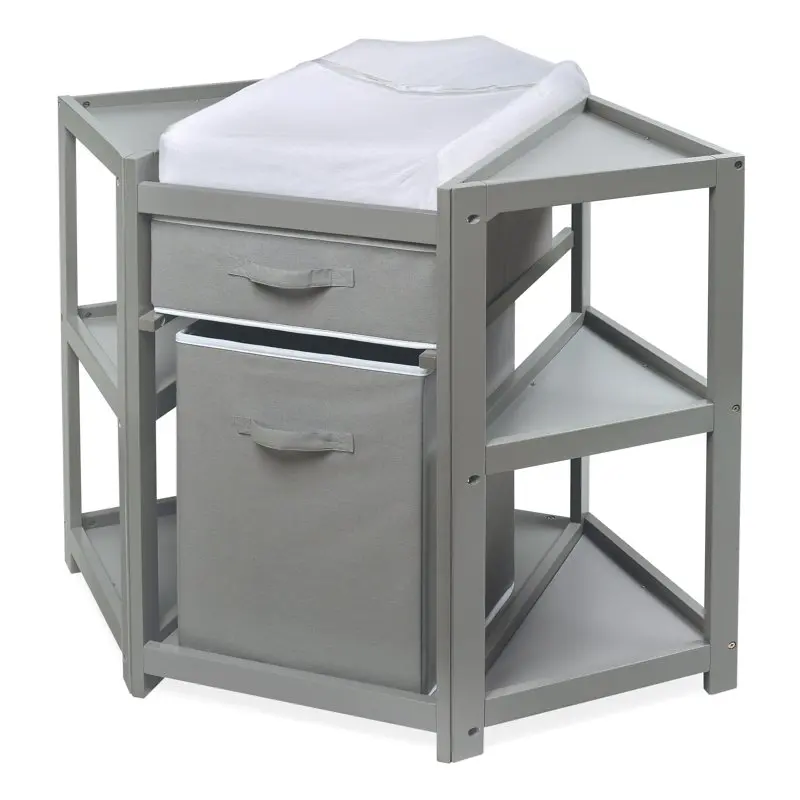 

Diaper Corner Baby Changing Table with Hamper and Basket - Gray