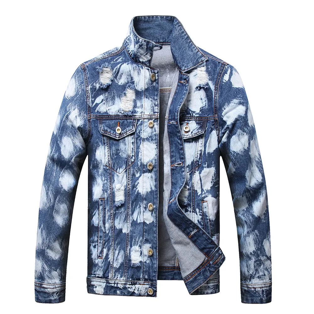 

European and American Denim Men's Jacket Spring and Autumn New Loose Pattern White and Blue Hole Men's Denim Jacket