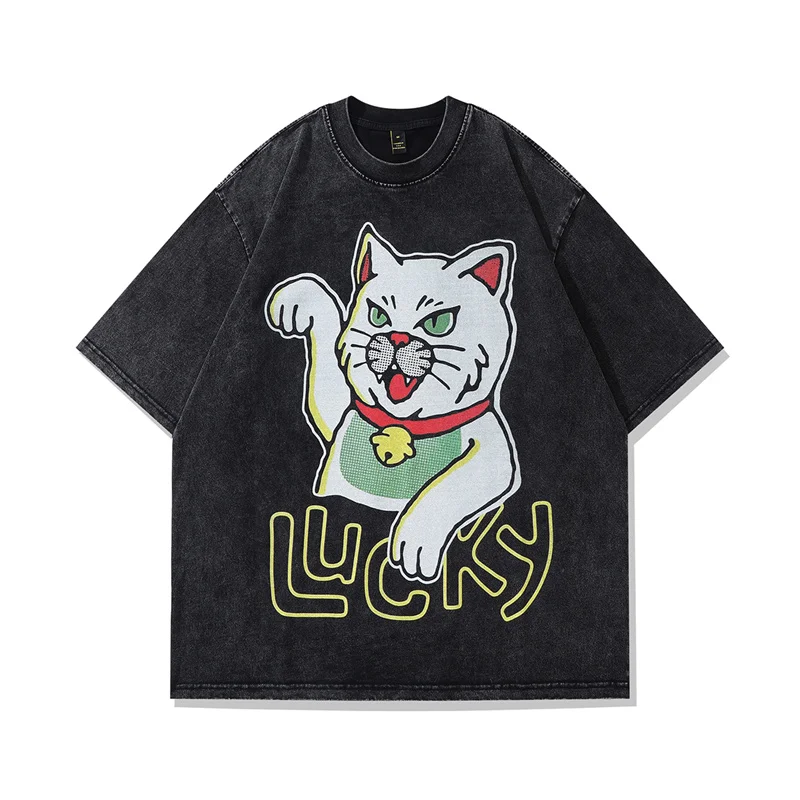 

Забавные футболки с котом для мужчин, большие размеры, потертые хлопковые винтажные уличные футболки с мультяшным принтом Harajuku, модные летн...