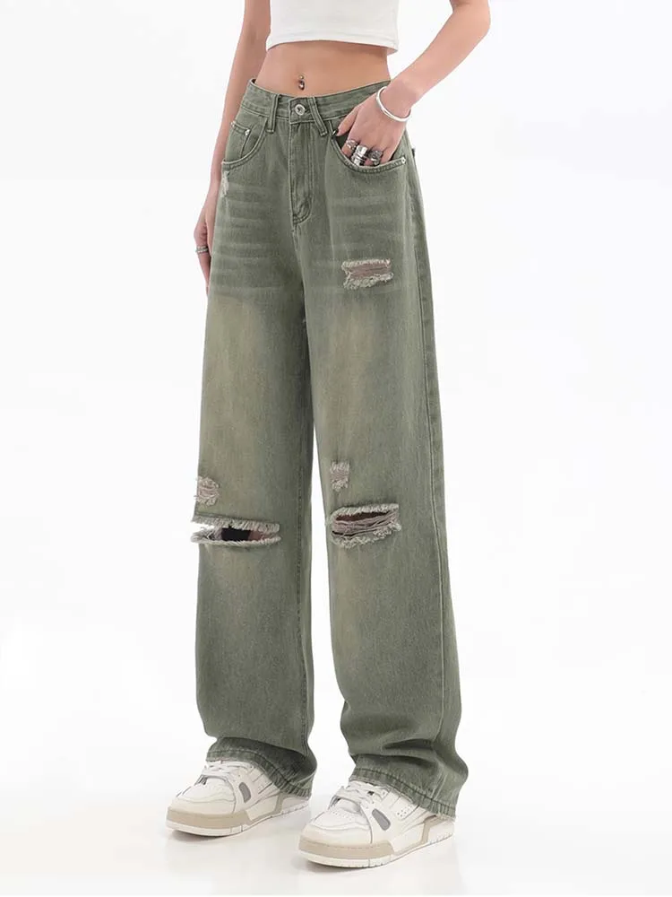 

Women 2022 Chic Fashion Ripped Hole Wide Leg Jeans Vintage High Waist Zipper Female Denim Trousers Pants Mujer