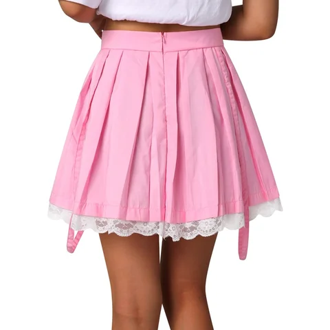 Sweet Mini Pleated Skirts Pink 2023 New Summer Women High Waist Harajuku Lolita Girls Lace Hem Cute Skirts Streetwear Faldas