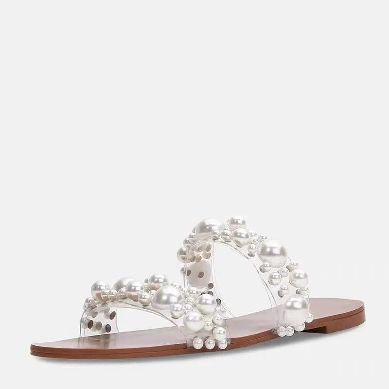 

Large Size Women's Shoes 2022 New Transparent Flat Bottom Pearl One Word Belt Sandals and Slippers for Women's Outer Wear