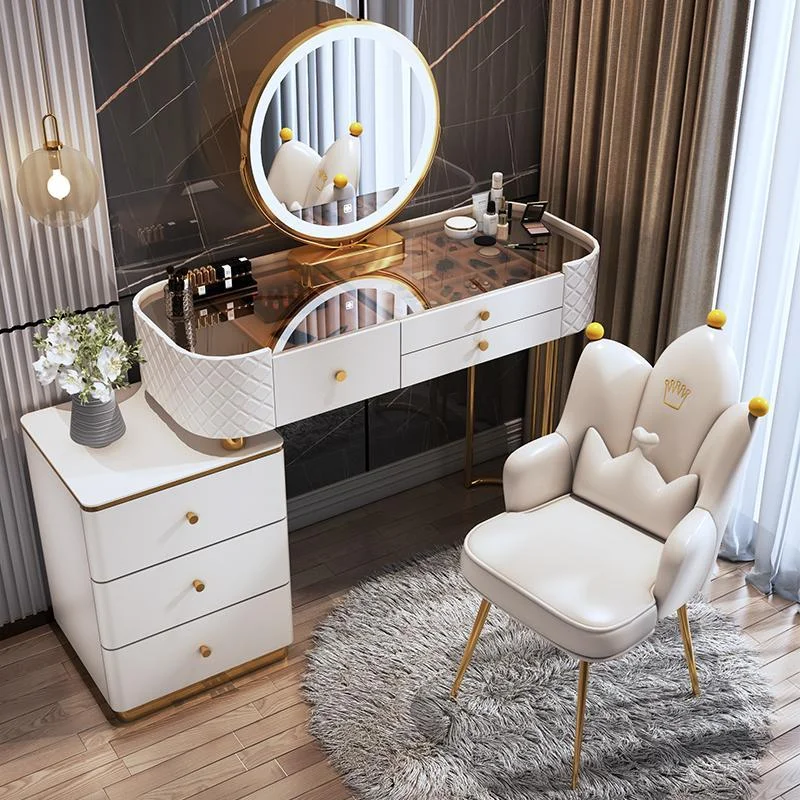 

Nordic Modern Minimalist Bedroom Furniture Dresser with LED Mirror Light Luxury Makeup Tables with Drawer Vanity Dressing Table