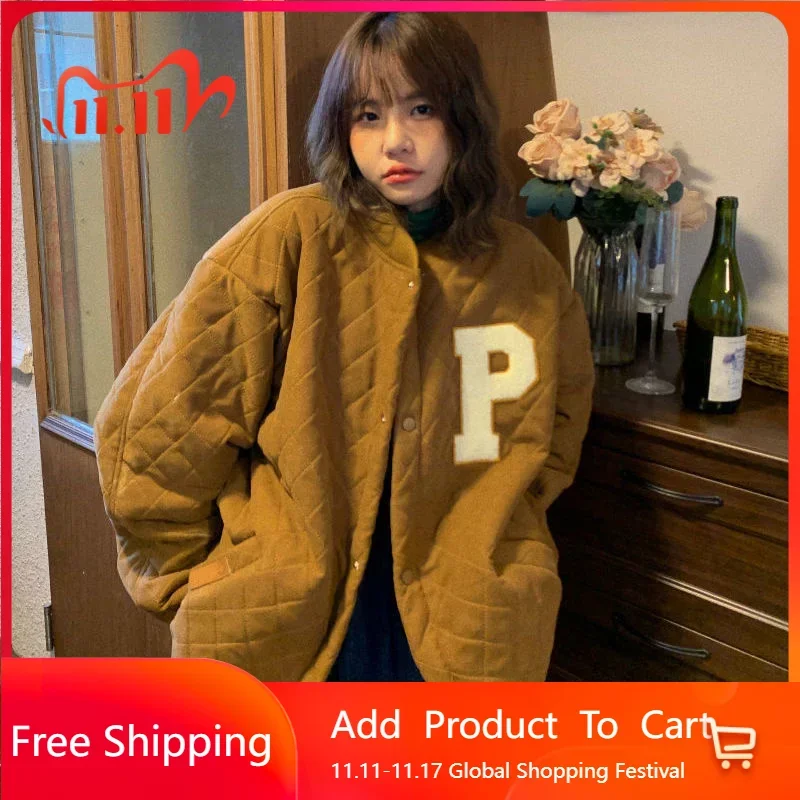 

Solid Cotton Coat Women's Plush Jackets 2023 Autumn Winter New Korean Fashion Vintage Preppy Style Mid Length Personality Coats