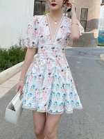 wkfyy bohemian flower print spliced v neck hollow out lace lantern sleeve slim a line pleated ball gown mini short dress d4226