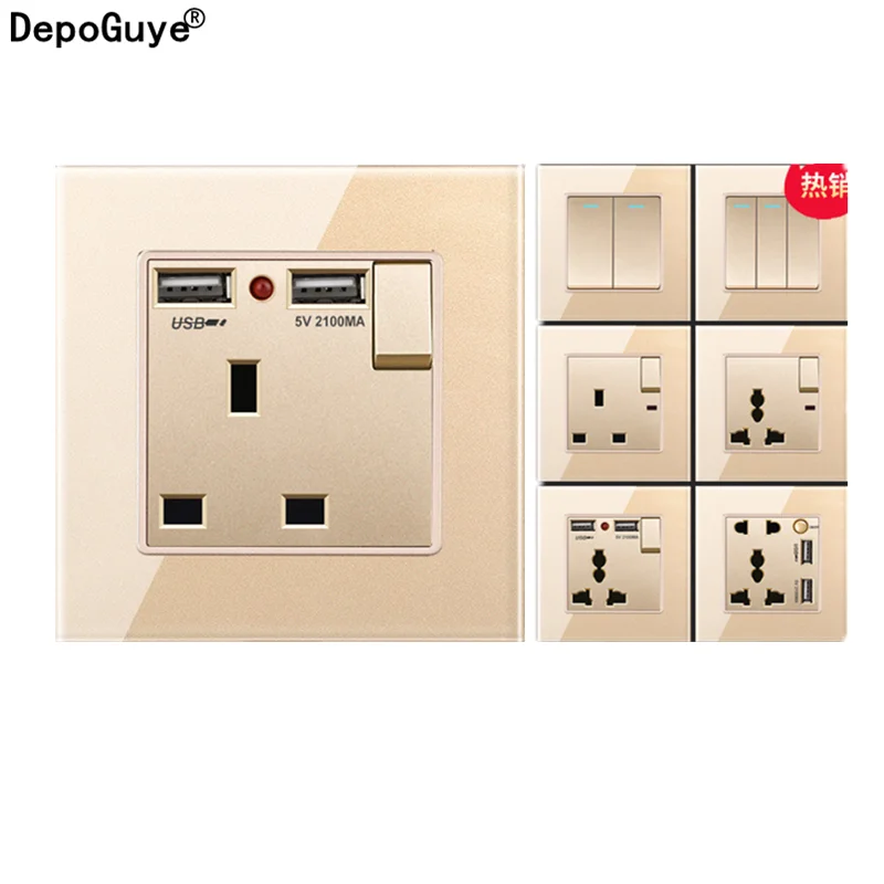 Depoguye 13A UK socket with USB socket, EU standard international gold glass panel light switch, embedded with LED power socket