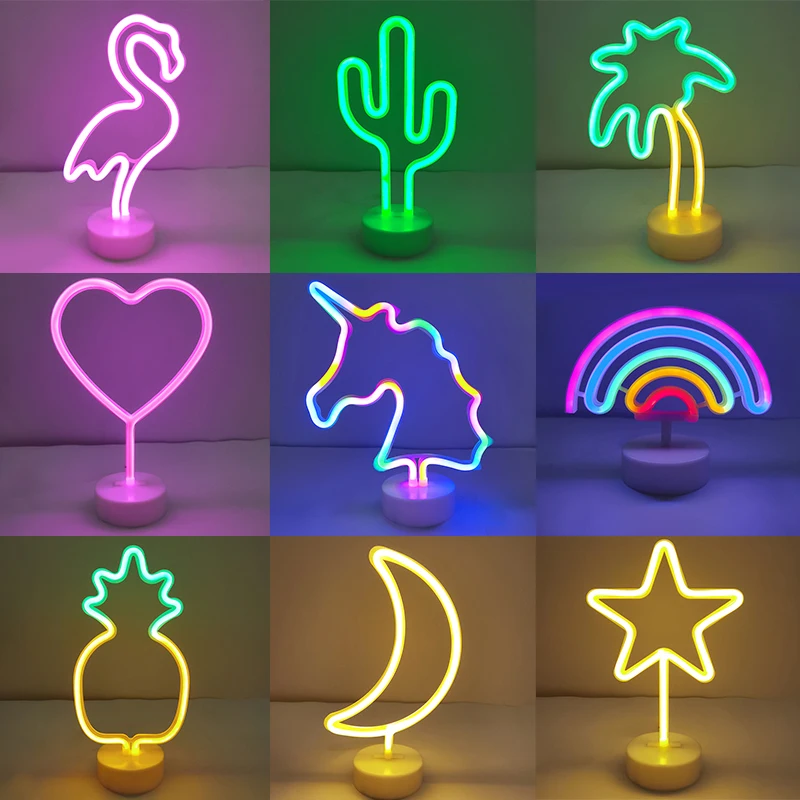 

LED Neon Night Light Flamingo Unicorn Cactus Lamp USB/Battery Power for Kids Bedroom Table Home Decoration Lights Wedding Decor