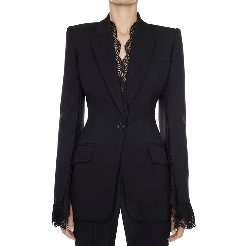 HIGH STREET 2022 New Stylish Designer Jacket Women's Lace Fringe Slit Sleeve One Button Blazer