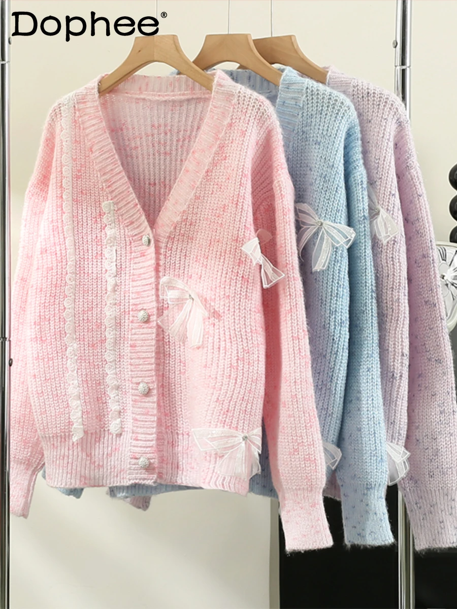 

Winter New Korean Style Gentle Loose Lazy Style Knitwear Sweater Coat Women's Sweet Lace Bow Sweater Cardigan Jacket Outer Wear