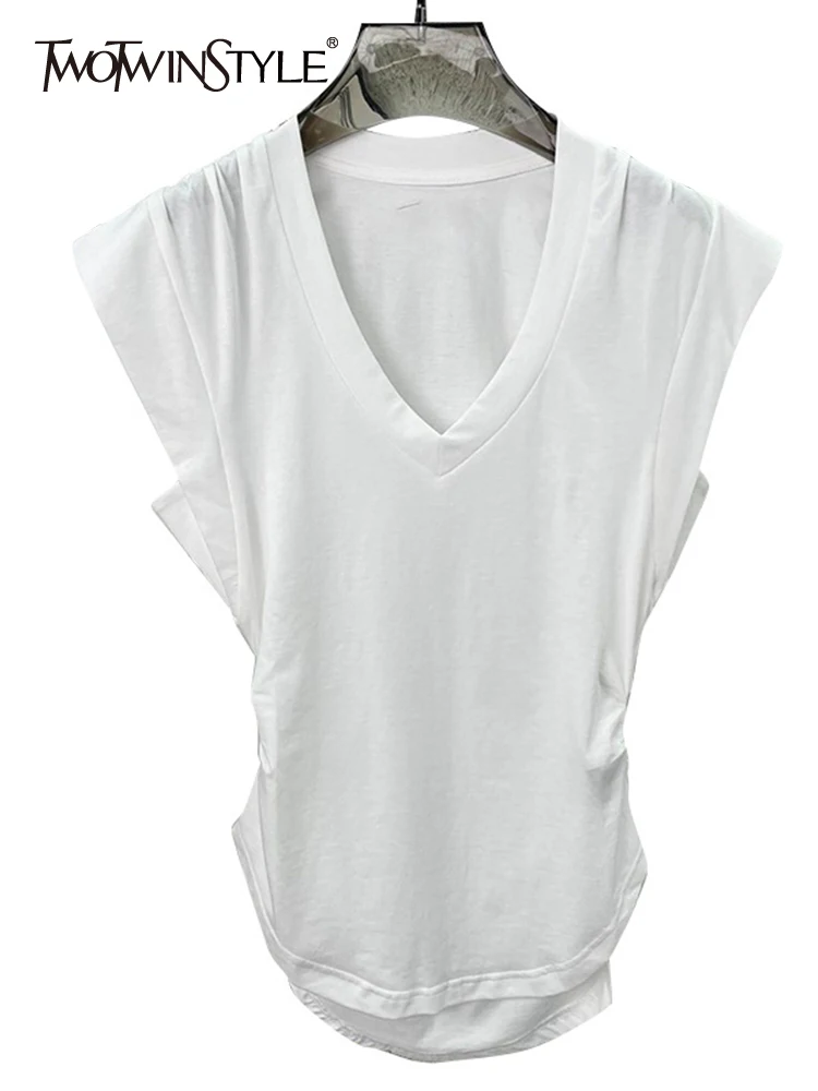 

TWOTWINSTYLE Loose Print Colorblock T Shirt For Women V Neck Sleeveless Summer T Shirts Female Korean Fashion Clothing 2022 New