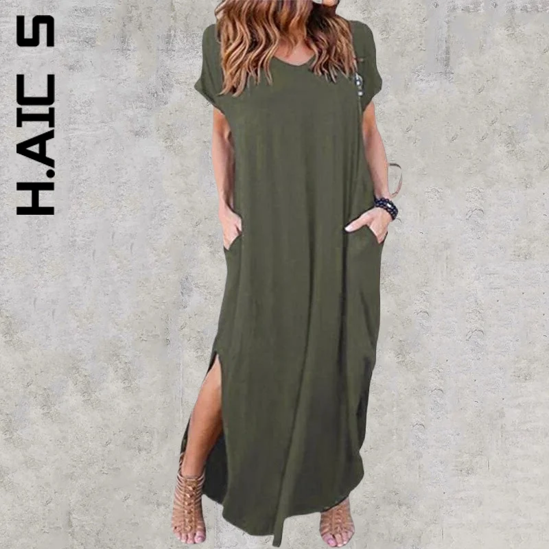 Женское платье макси с коротким рукавом H. АИК свободное дешевая Корейская