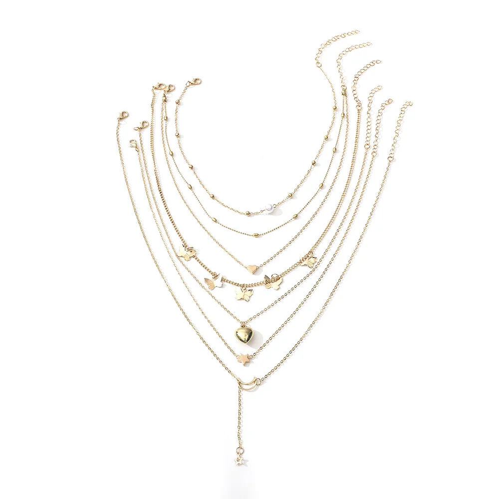 

6pcs/set Design Multilayer Butterfly Pendant Necklace For Women Necklace Individuality Moon Heart Pendant Choker Jewelry Gift